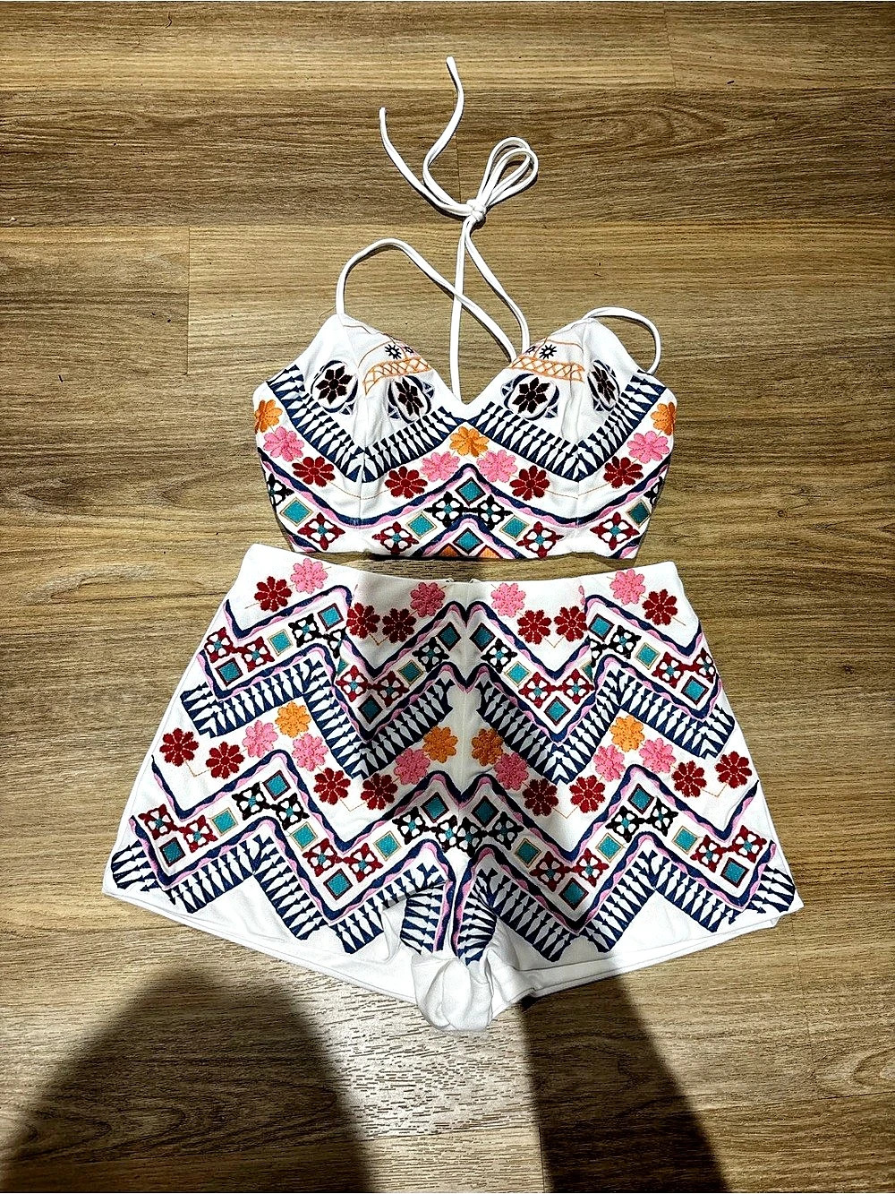 Lulus Rhythm is Gonna Get You Embroidered Two-Piece Set White & Blue